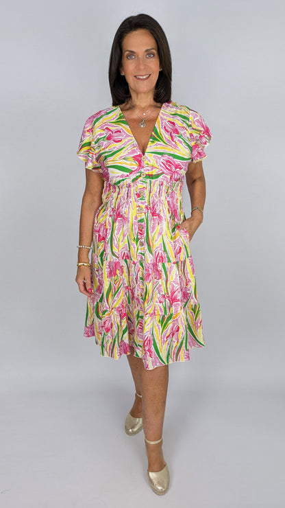 Abstract floral v-neck shirred midi dress | 2 Colours