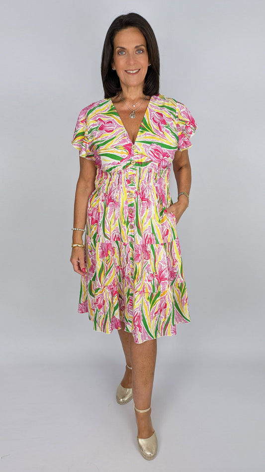 Abstract floral v-neck shirred midi dress | 2 Colours