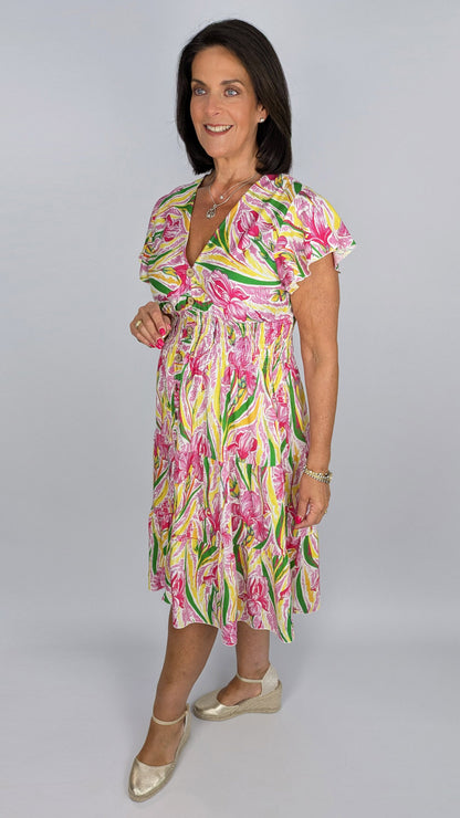 Abstract floral v-neck shirred midi dress | 2 Colours