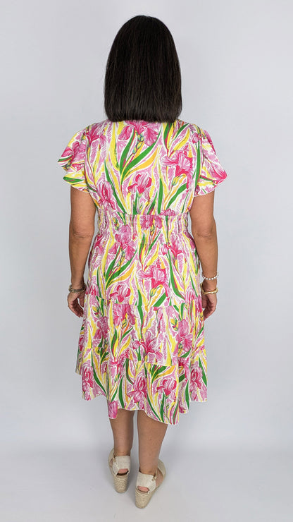 Abstract floral v-neck shirred midi dress | 2 Colours
