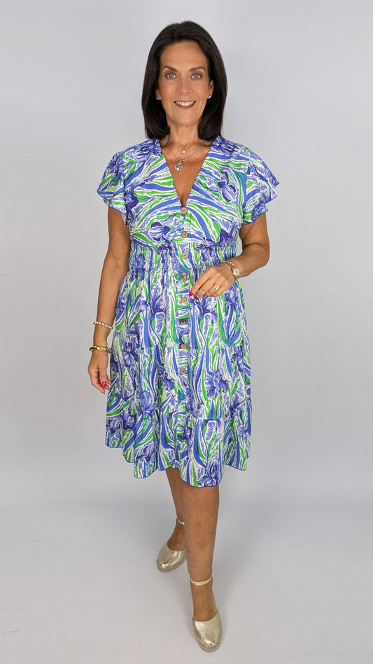 Abstract floral v-neck shirred midi dress | 2 Colours