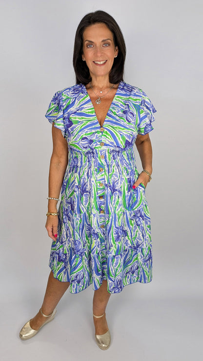 Abstract floral v-neck shirred midi dress | 2 Colours