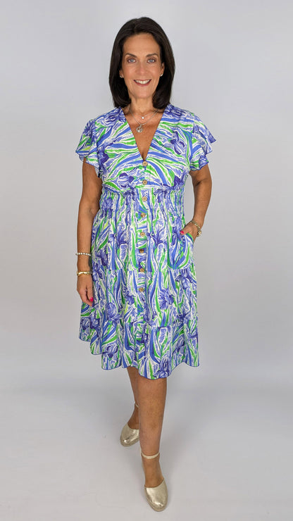Abstract floral v-neck shirred midi dress | 2 Colours