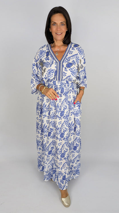 Embellished heritage print v-neck maxi dress | Blue/White
