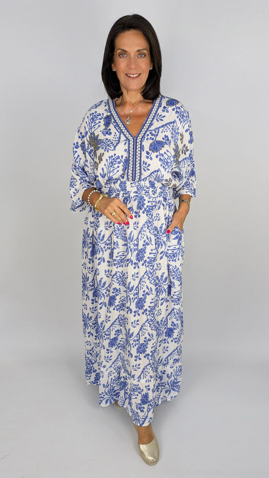 Embellished heritage print v-neck maxi dress | Blue/White