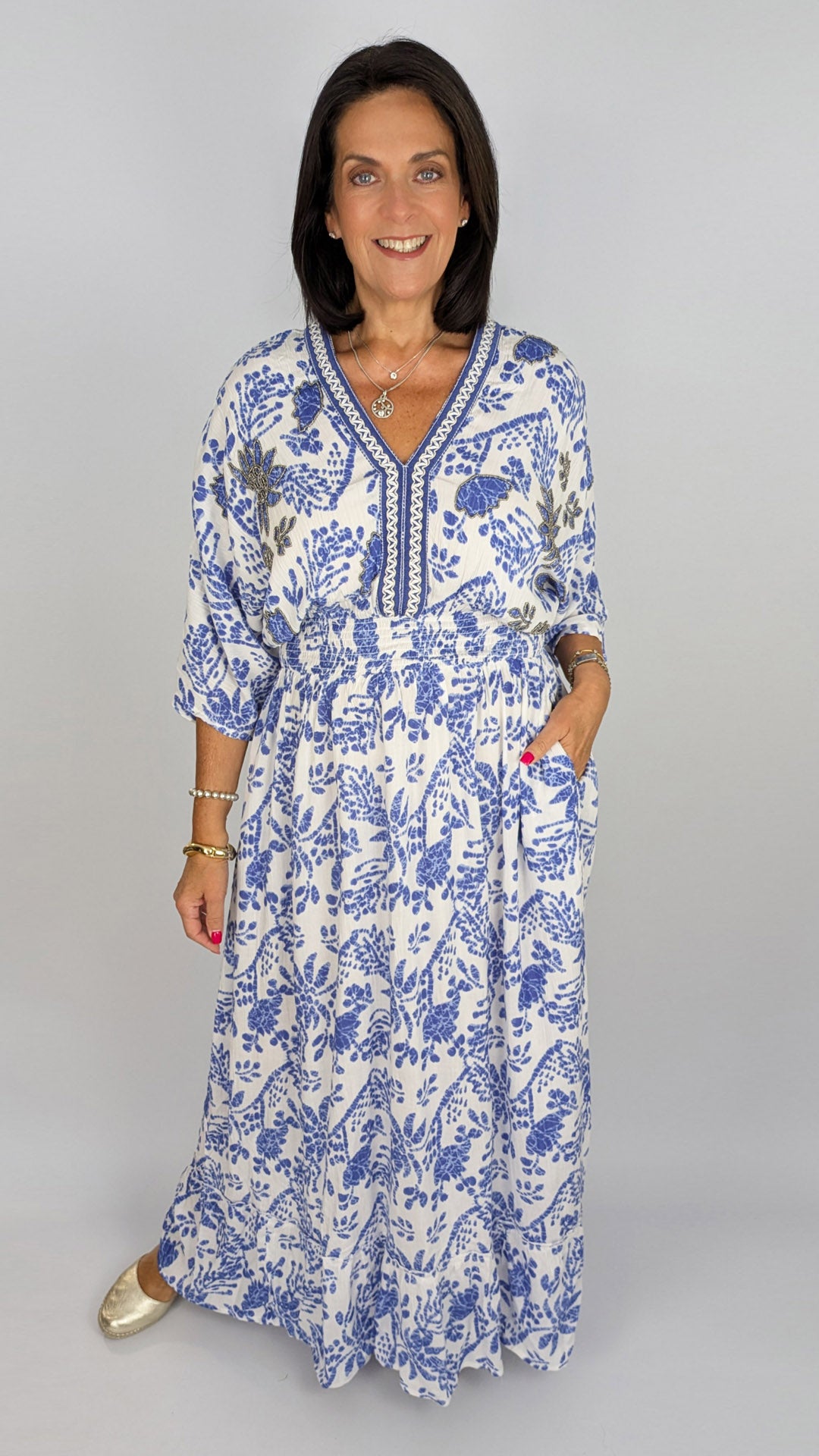 Embellished heritage print v-neck maxi dress | Blue/White