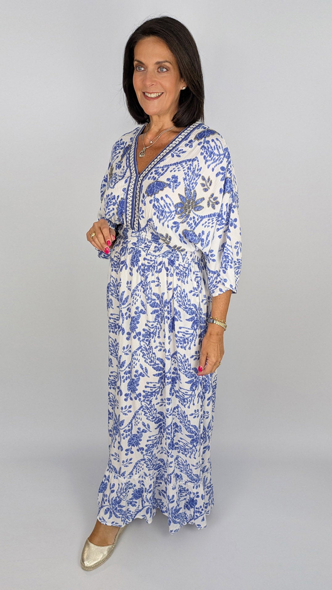 Embellished heritage print v-neck maxi dress | Blue/White