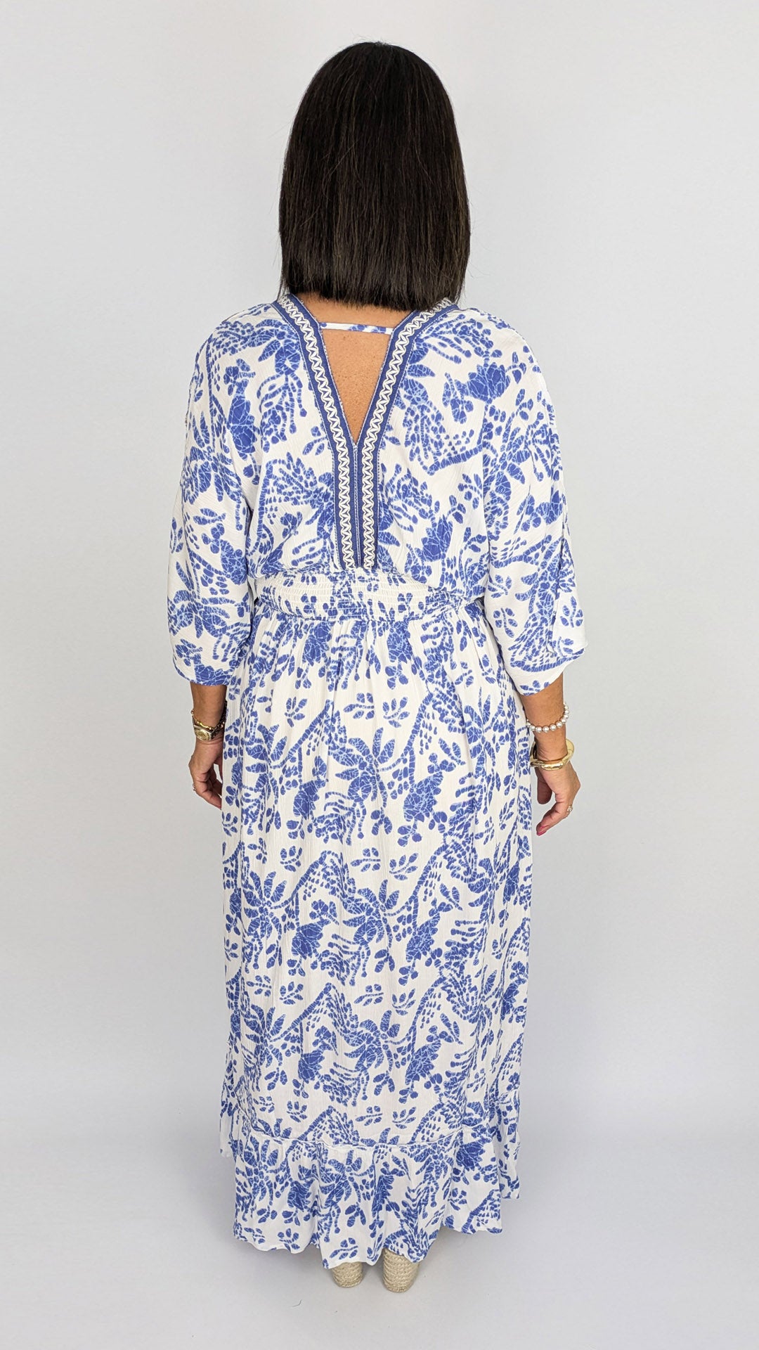 Embellished heritage print v-neck maxi dress | Blue/White