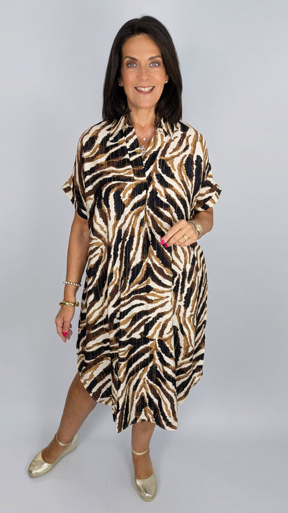 Zebra & metallic highlight collared shirtdress | Black/Chocolate/Caramel