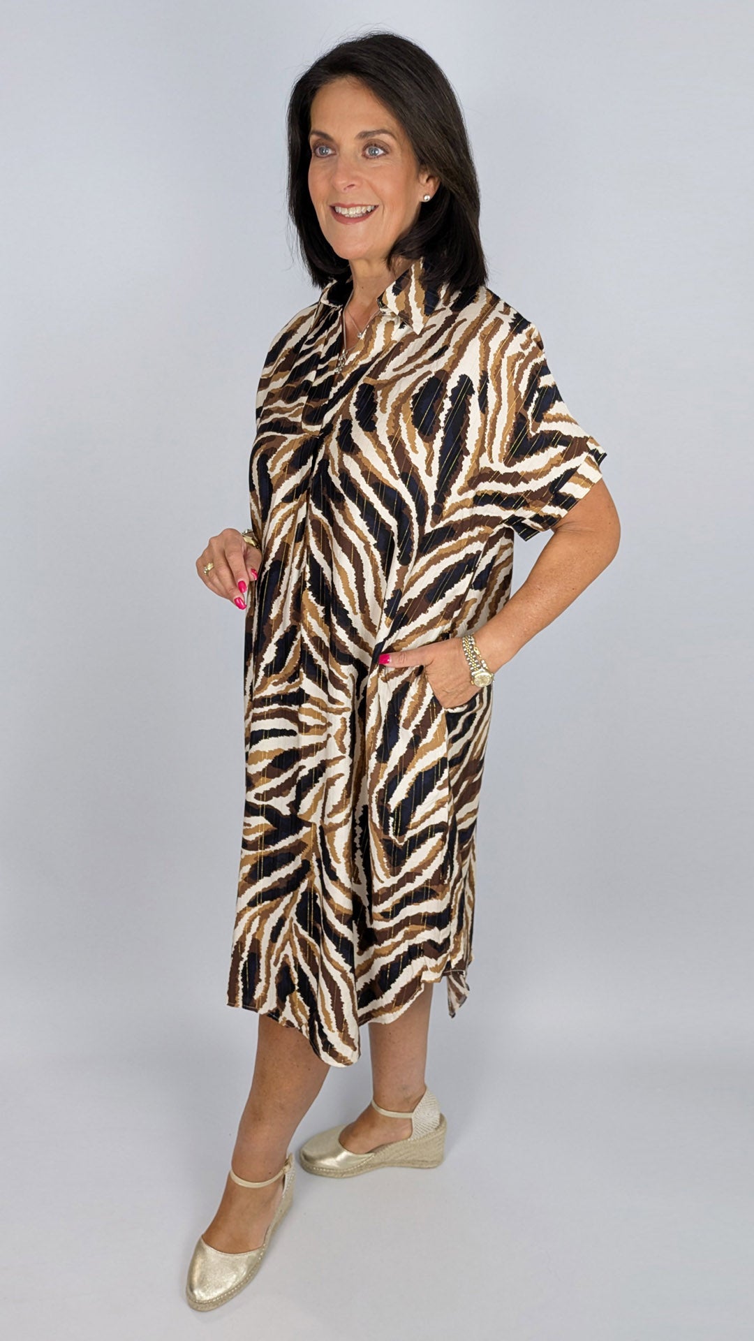 Zebra & metallic highlight collared shirtdress | Black/Chocolate/Caramel
