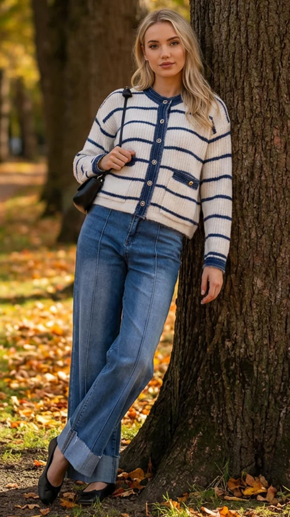 Denim trim stripe knitted cardigan | 2 Sizes