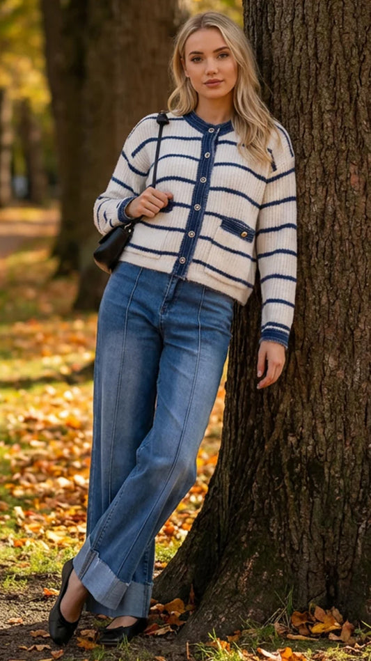 Denim trim stripe knitted cardigan | 2 Sizes