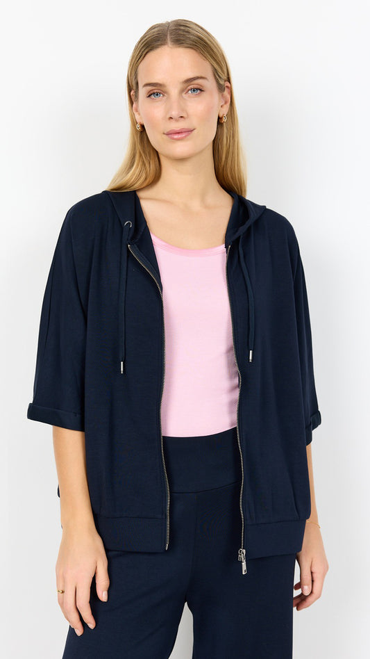 Premium soft cropped sleeve zip-through hoodie | Navy | by Soya Concept