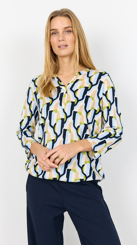Cotton mix notched v-neck abstract print blouse | Blue/Navy | by Soya Concept