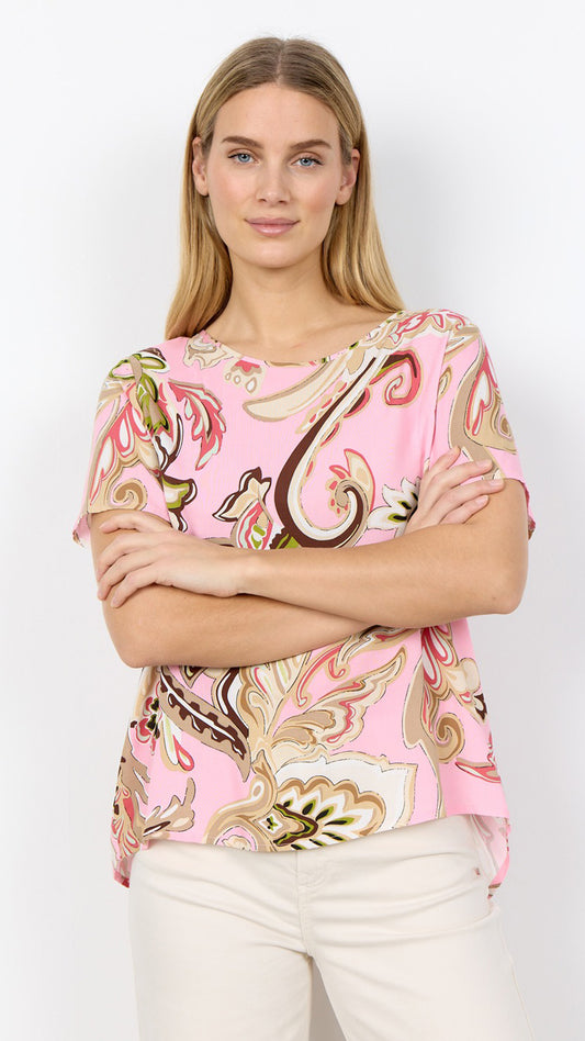 Paisley print round neck short sleeve top | Pink | by Soya Concept