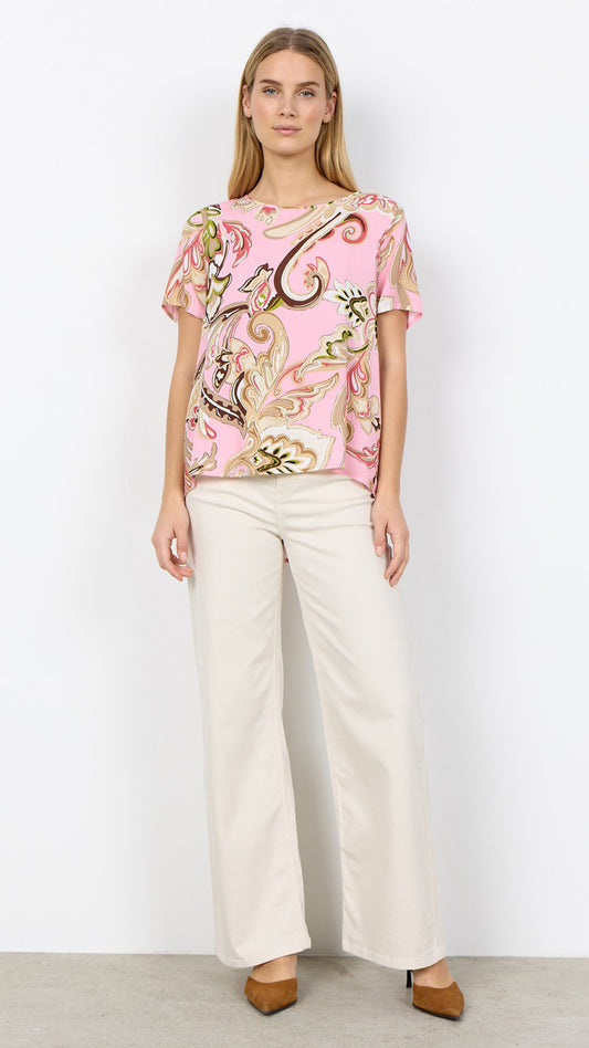 Paisley print round neck short sleeve top | Pink | by Soya Concept