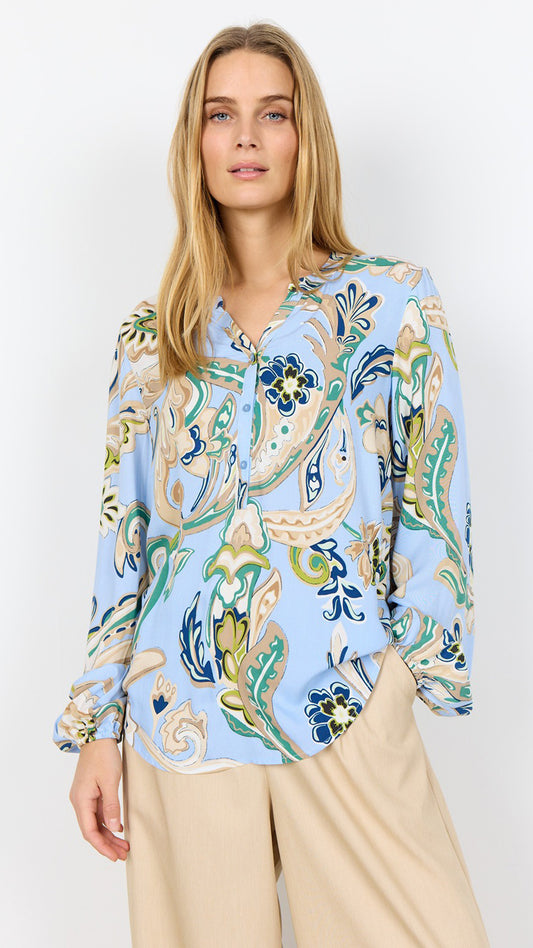 Paisley print half-button blouse | Blue | by Soya Concept