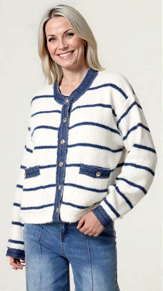 Denim trim stripe knitted cardigan | 2 Sizes