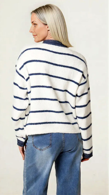 Denim trim stripe knitted cardigan | 2 Sizes
