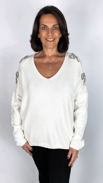 Rhinestone bow cold-shoulder jumper | 2 Colours