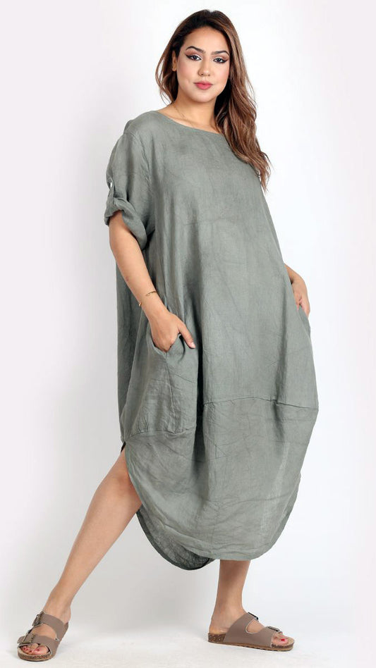 Linen curve-hem pocket dress (3 Colours)