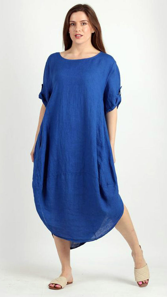 Linen curve-hem pocket dress (3 Colours)