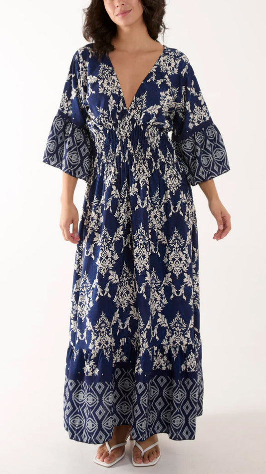 Shirred waist contrast print dress (4 Colours)