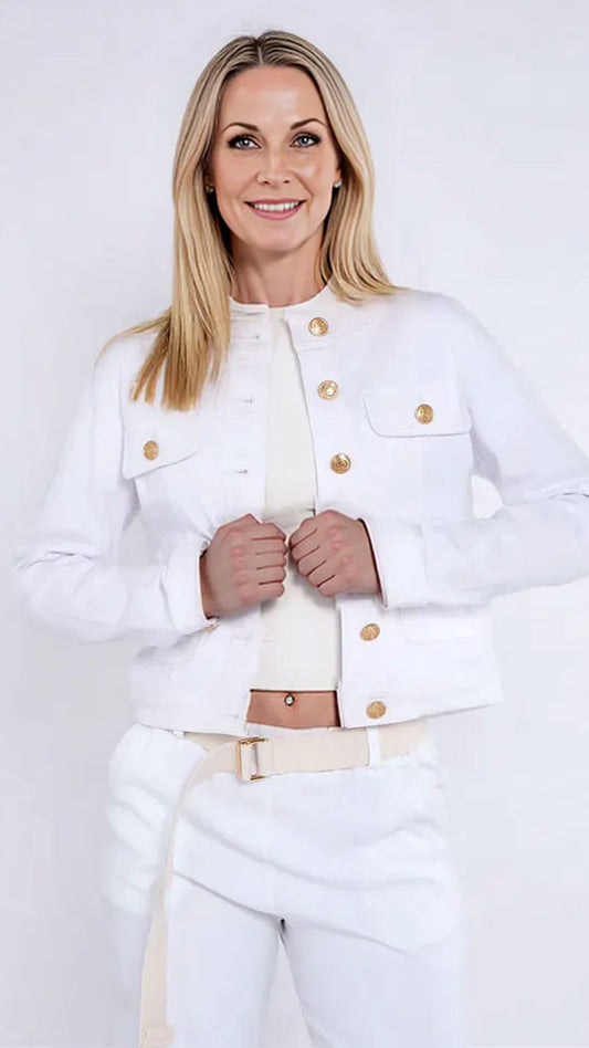 Denim collarless jacket | White