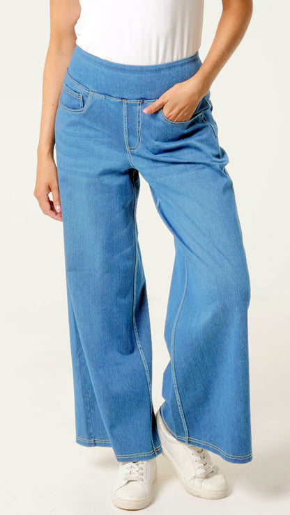 Wide waistband pull-on wide leg jeans | 2 Colours