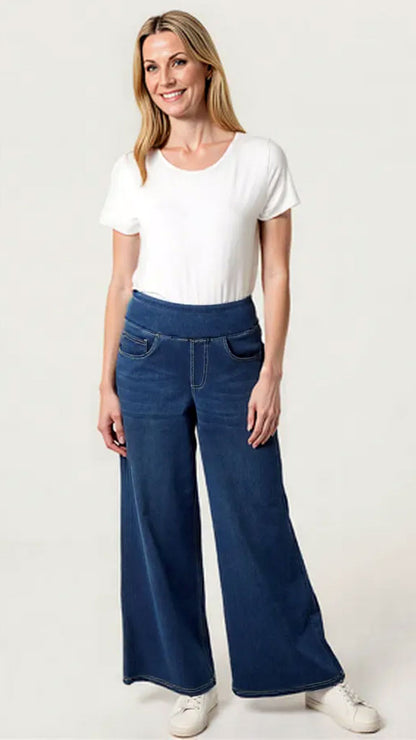 Wide waistband pull-on wide leg jeans | 2 Colours