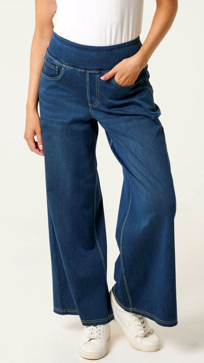 Wide waistband pull-on wide leg jeans | 2 Colours