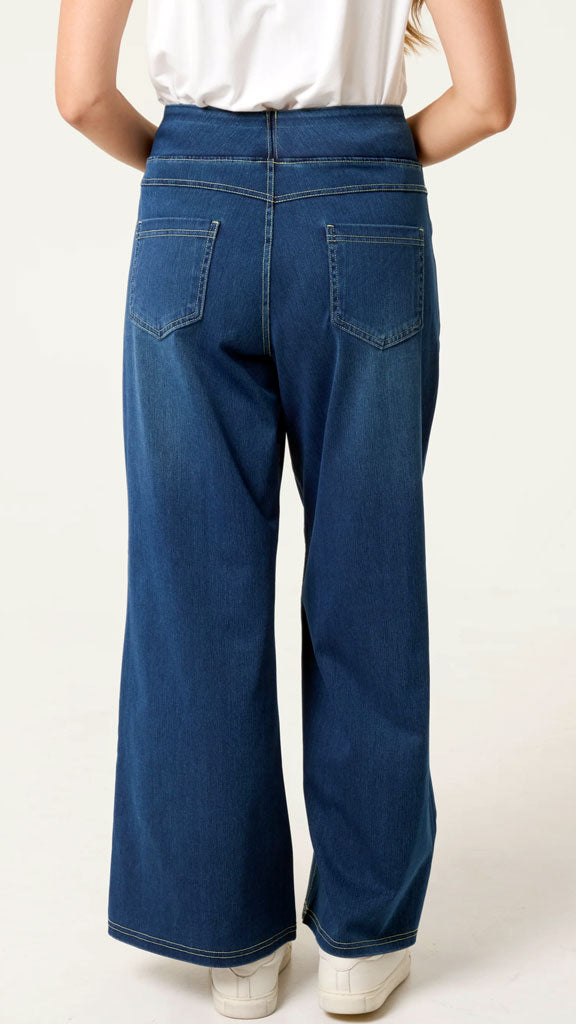 Wide waistband pull-on wide leg jeans | 2 Colours