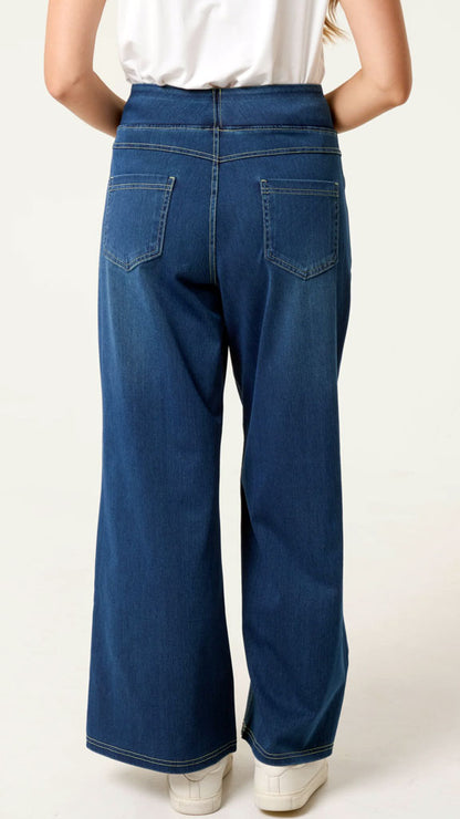 Wide waistband pull-on wide leg jeans | 2 Colours